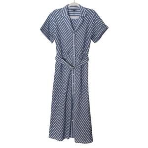 Brooks Brothers Stripe Shirt Dress Womens 10 Blue White Linen Cotton Midi Pocket